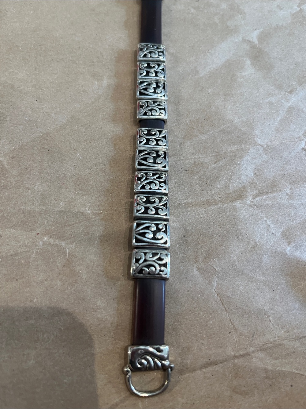 Brighton  Sterling filagree squares on leather band bracelet